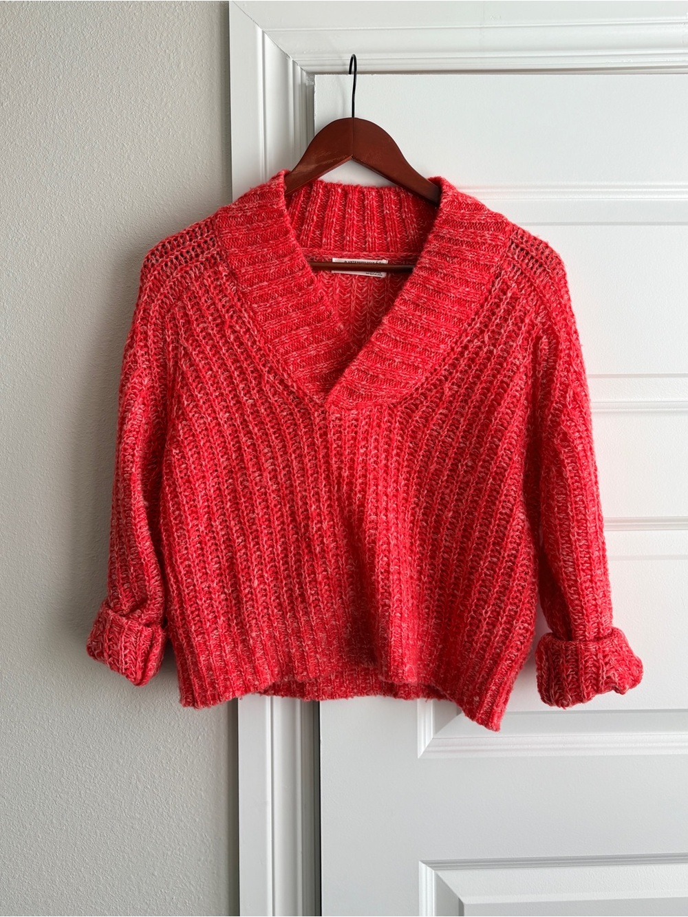 By Anthropologie Coral Red Chunky Wool Knit V-Neck Sweater XXS Petite oversized
